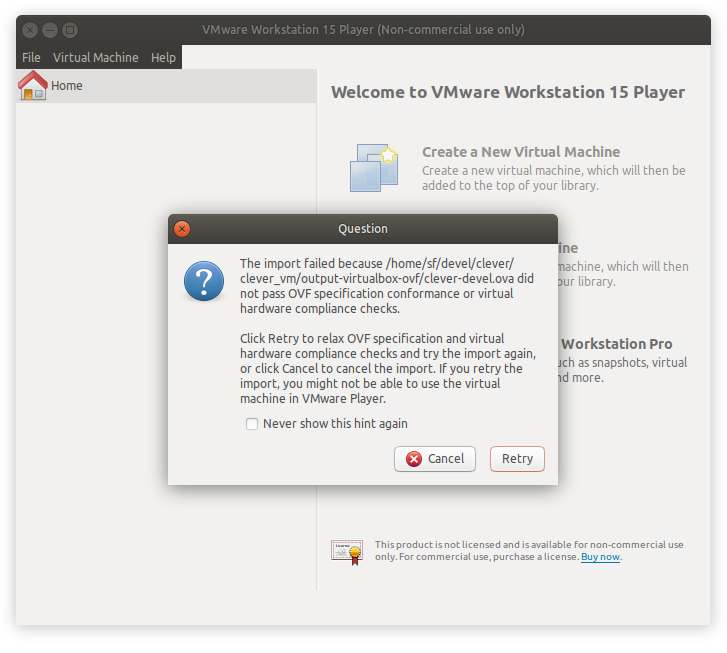 Import failure dialog